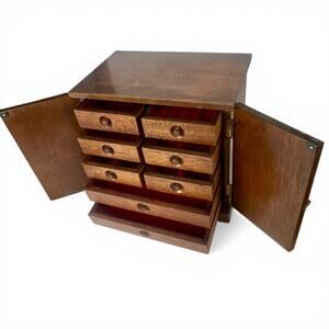 Mid Century Japanese Wood Jewelry Box Cabinet 8 Drawer Organizer Red Velvet 10”